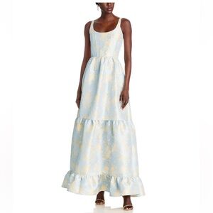 V. Chapman Avery Dress Sky Windsor Brocade Maxi Tiered Blue Gold NWT Size 12